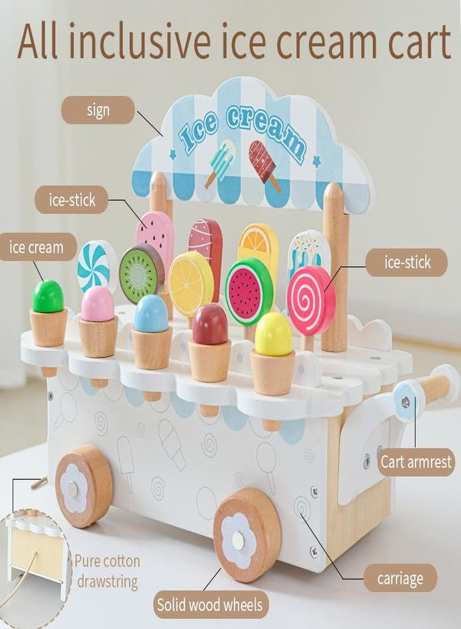 BLiSS HUES Wooden Ice Cream Cart- Wooden Colourful Ice Cream & Popsicle Toy Playset for Kids Toys for 3 4 Year Old Girls Boys Birthday Gift, Wooden Toys for Baby- White Cart - Image 2